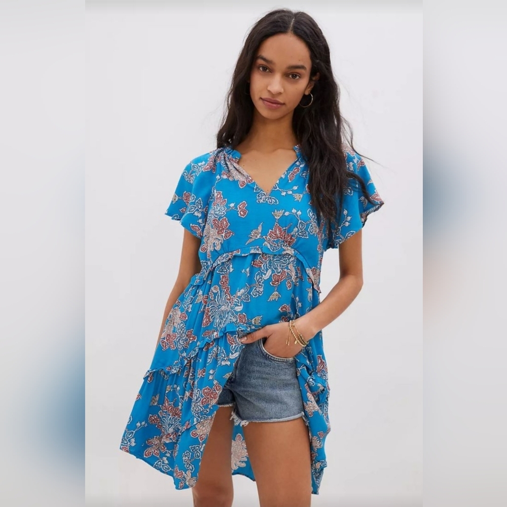 By ANTHROPOLOGIE Blue Robin Tiered Floral Mini Dress Size L - Picture 1 of 15